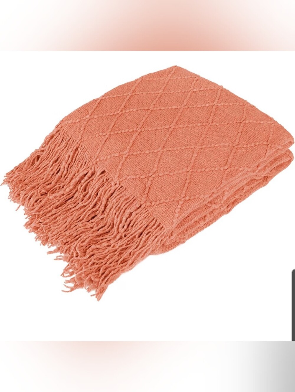 Diamond Knitted washable Fringe Throw Blanket - Coral 50x60